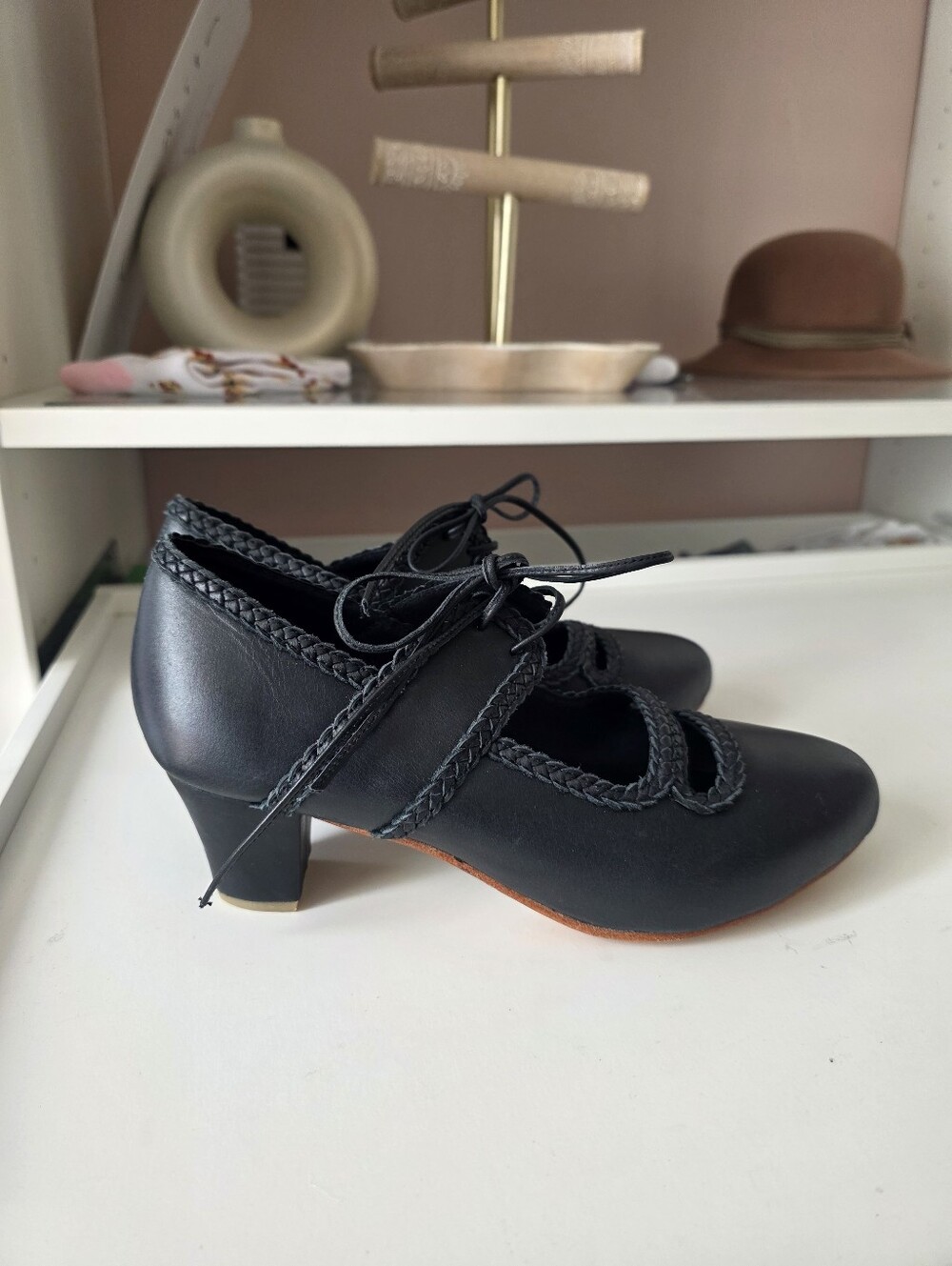 Black Braided Mary Jane Flats with Lace-Up Tie